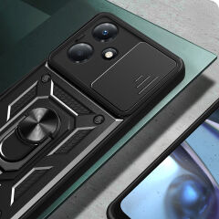 İnfinix Hot 30 Play Kılıf Magnetik Standlı Kamera Korumalı Sürgülü Vega Kapak Siyah