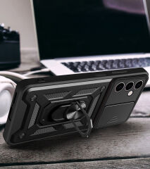 İnfinix Hot 30 Play Kılıf Magnetik Standlı Kamera Korumalı Sürgülü Vega Kapak Siyah