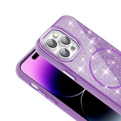 iPhone 14 Pro Max Kılıf Magsafe Şarj Özellikli Parlayan Simli Okso Kapak Gold