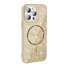 iPhone 14 Pro Max Kılıf Magsafe Şarj Özellikli Parlayan Simli Okso Kapak Gold