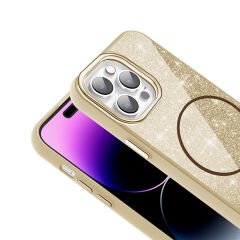 iPhone 14 Pro Max Kılıf Magsafe Şarj Özellikli Parlayan Simli Okso Kapak Gold
