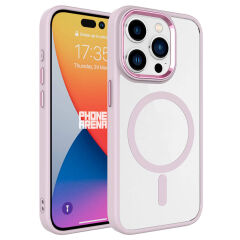 iPhone 15 Pro Kılıf Wireless Şarj Özellikli Krom Magsafe Silikon Kapak Kılıf Pembe Açık