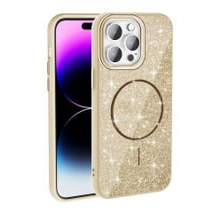 iPhone 14 Pro Max Kılıf Magsafe Şarj Özellikli Parlayan Simli Okso Kapak Gold