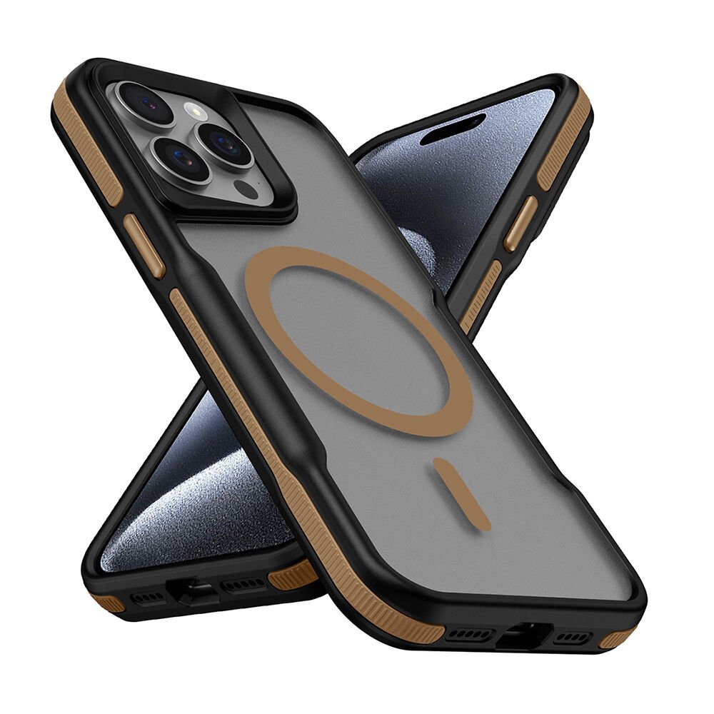 iPhone 15 Pro Kılıf Magsafe Şarj Özellikli Renkli Kenar Airbag Şeritli Lamer Kapak Titanyum-Gold