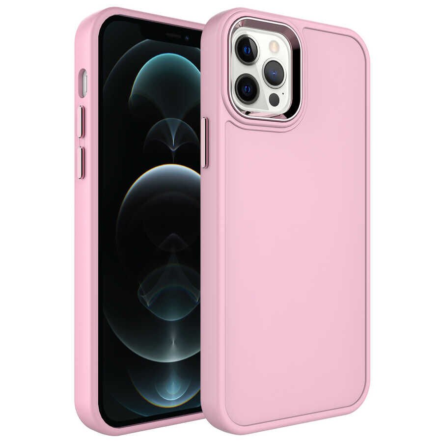 iPhone 14 Pro Max Kılıf Metal Çerçeve Tasarımlı Sert Botox Kapak Pembe Açık