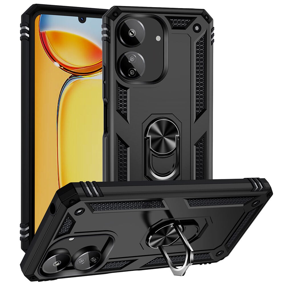 Xiaomi Redmi 13C Kılıf Vega Tank Sert Yüzüklü Standlı Zırh Koruma Kapak Siyah
