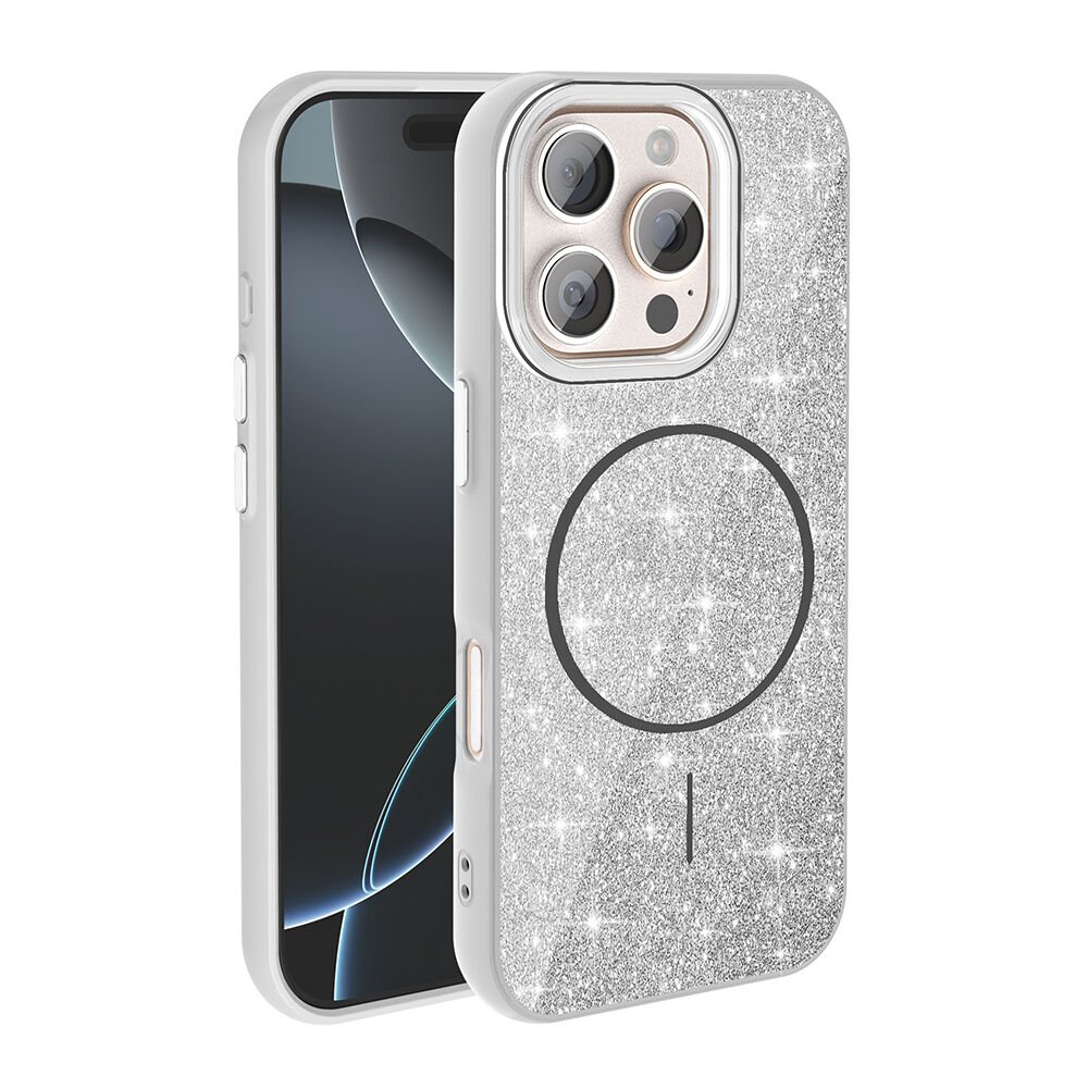 iPhone 16 Pro Kılıf Magsafe Şarj Özellikli Parlayan Simli Okso Kapak Beyaz