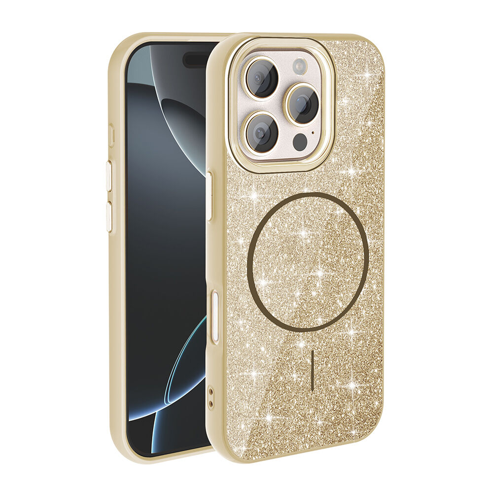 iPhone 16 Pro Kılıf Magsafe Şarj Özellikli Parlayan Simli Okso Kapak Gold
