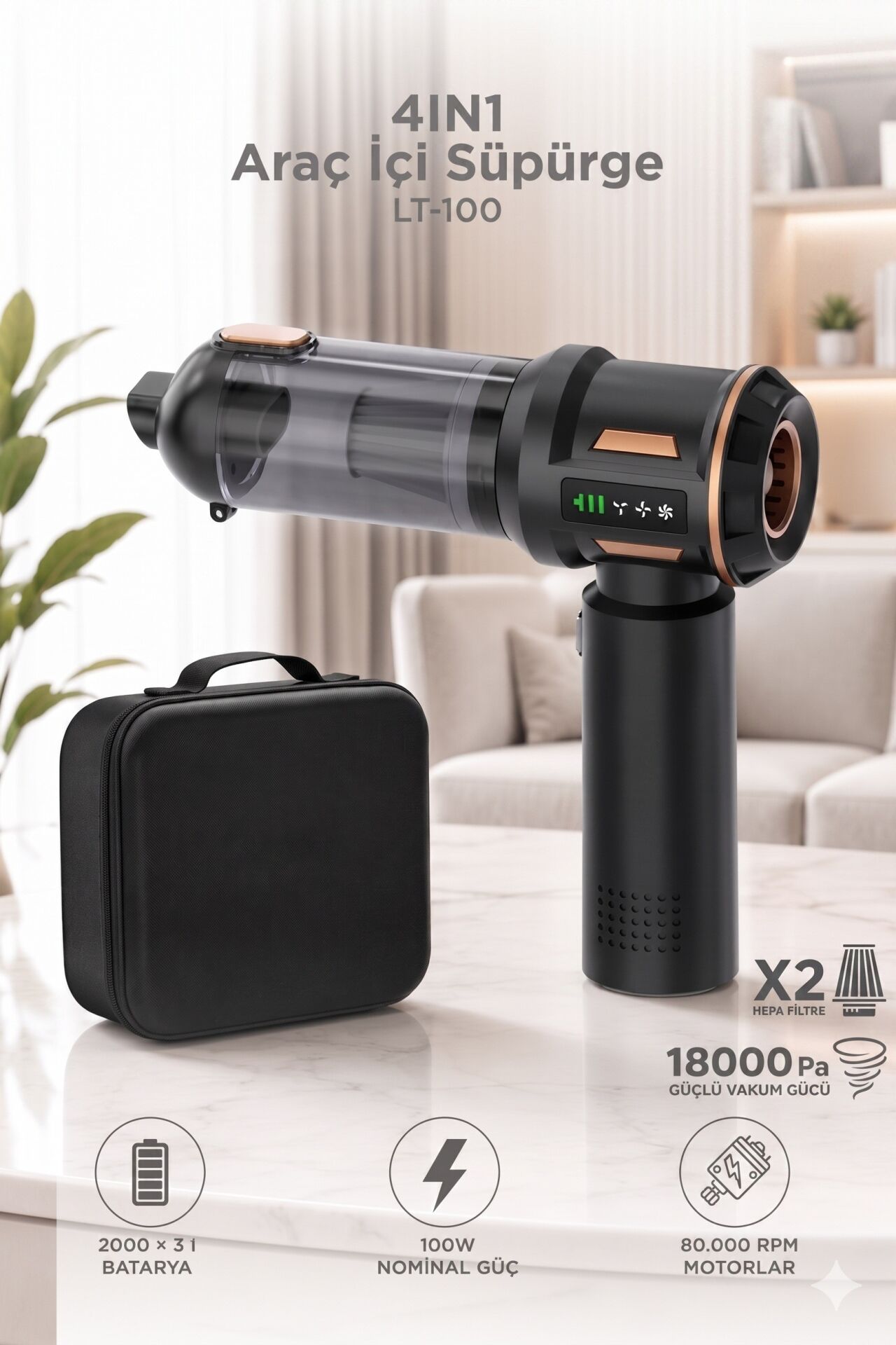 Araç İçi Süpürge 4 ın 1 Çok Fonksiyonlu Şarjlı Mini Ev Kullanımı İçin El Süpürgesi LT100 Siyah