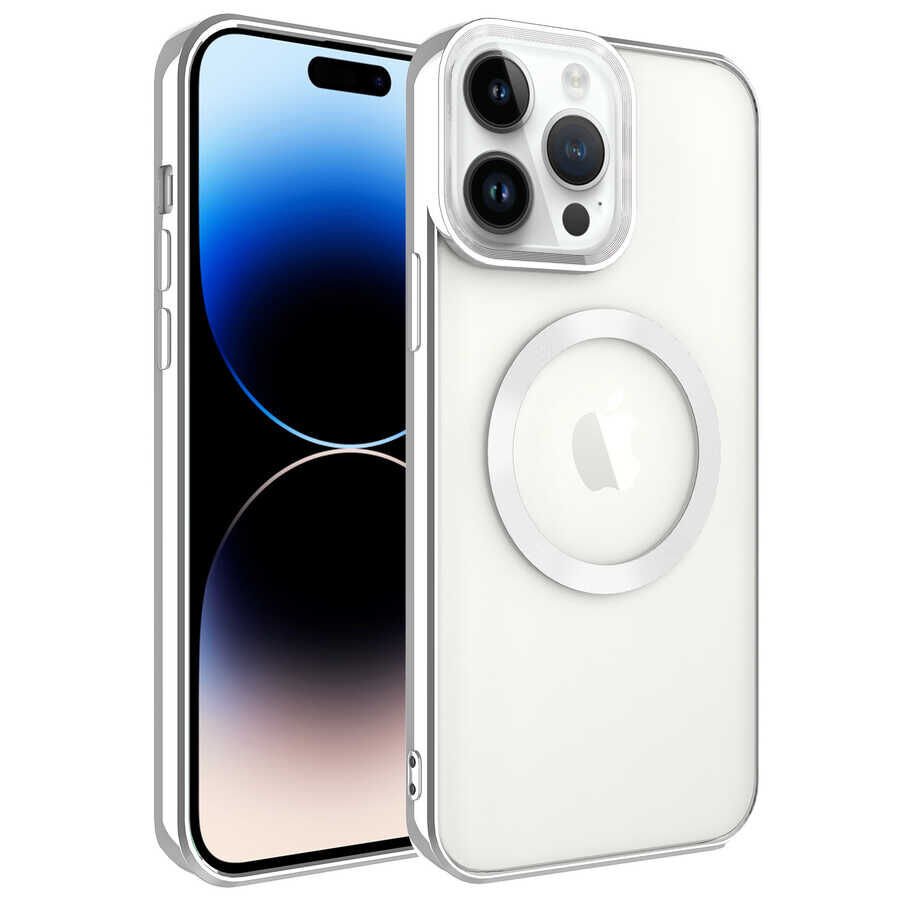 iPhone 14 Pro Max Kılıf Magsafe Wireless Şarj Özellikli Setro Silikon Gümüş