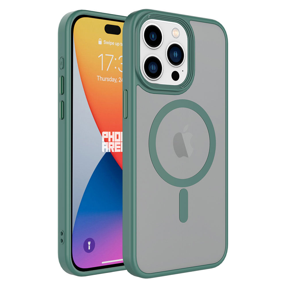 iPhone 15 Pro Kılıf Mat Arka Yüzey Wireless Şarj Özellikli Flet Magsafe Kapak Yeşil