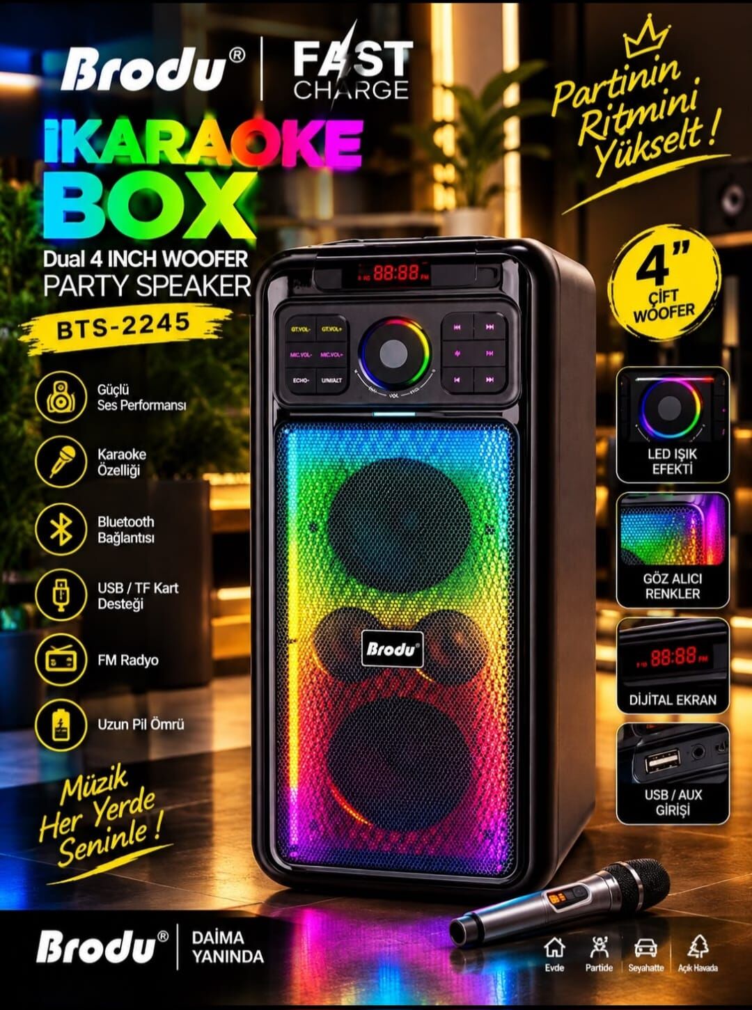 BTS-2245 Çift 4'' 80W Woofer Kablosuz Karaoke Parti Hoparlörü | RGB Işıklı, Kablosuz Mikrofonlu