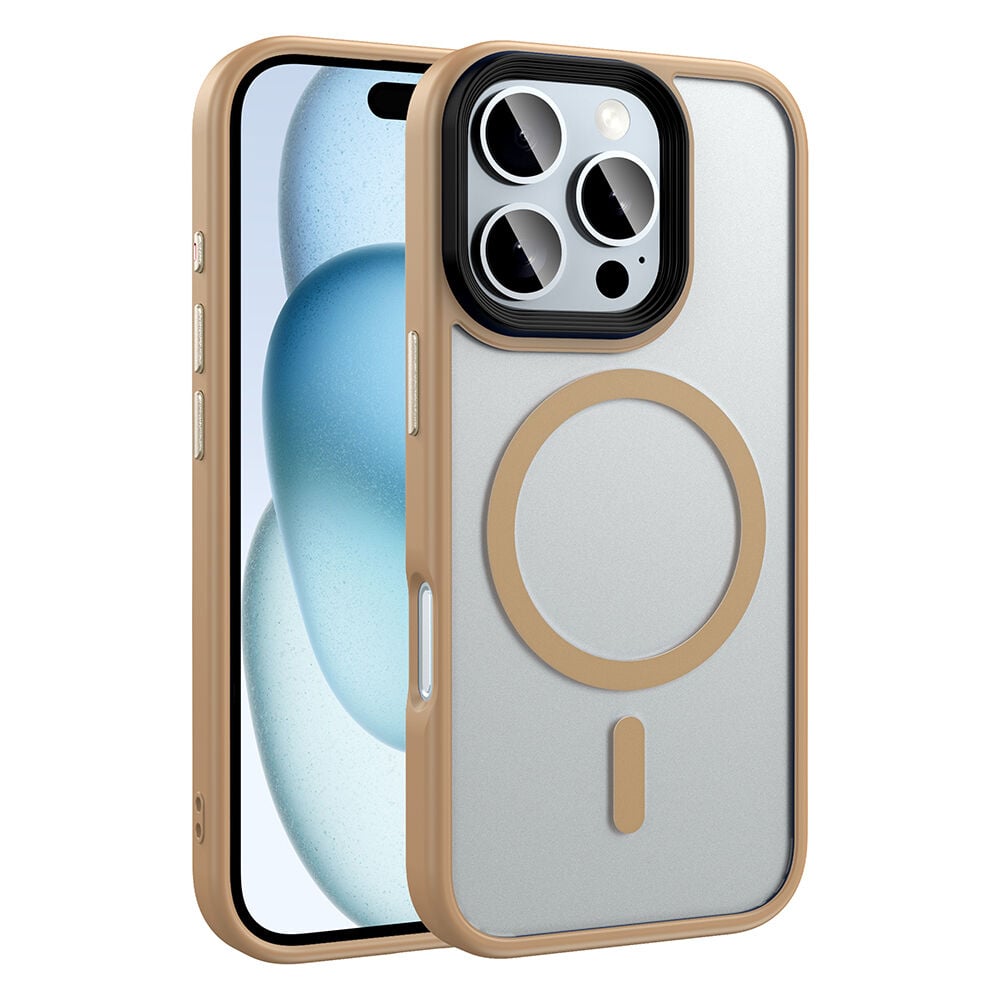 iPhone 16 Pro Max Kılıf Mat Arka Yüzey Wireless Şarj Özellikli Flet Magsafe Kapak Bej Gold