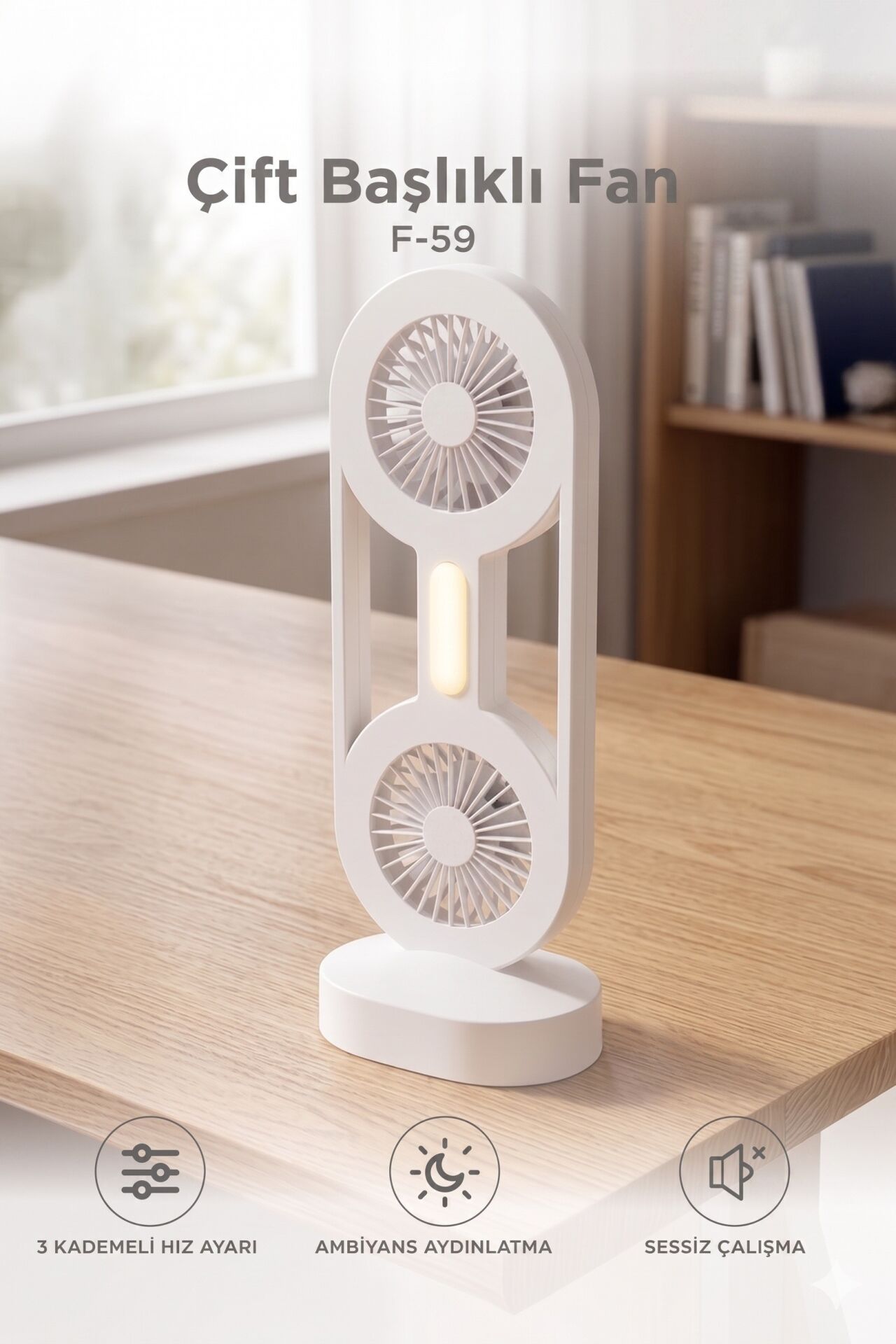 Şarjlı Masaüstü Vantilatör Çift Başlıklı 1200 Mah Işıklı Taşınabilir Masa Fanı F59 Beyaz