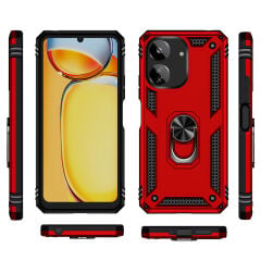 Xiaomi Poco C65 Kılıf Vega Tank Sert Yüzüklü Standlı Zırh Koruma Kapak Kırmızı