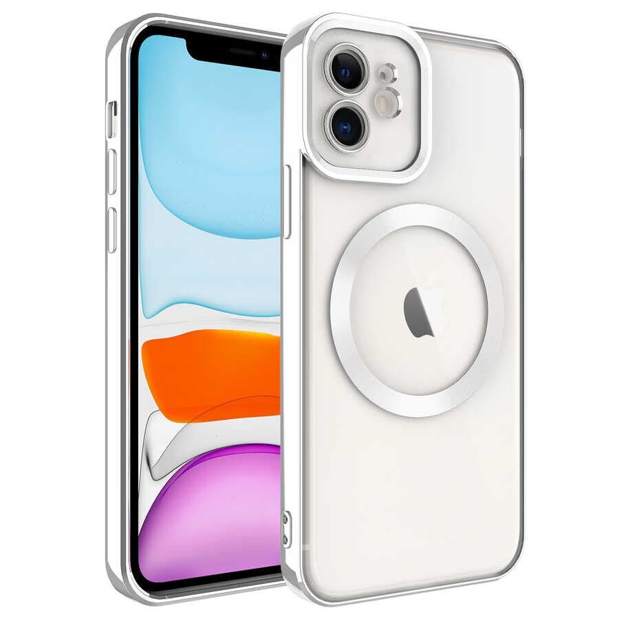 iPhone 11 Kılıf Magsafe Wireless Şarj Özellikli Setro Silikon Gümüş