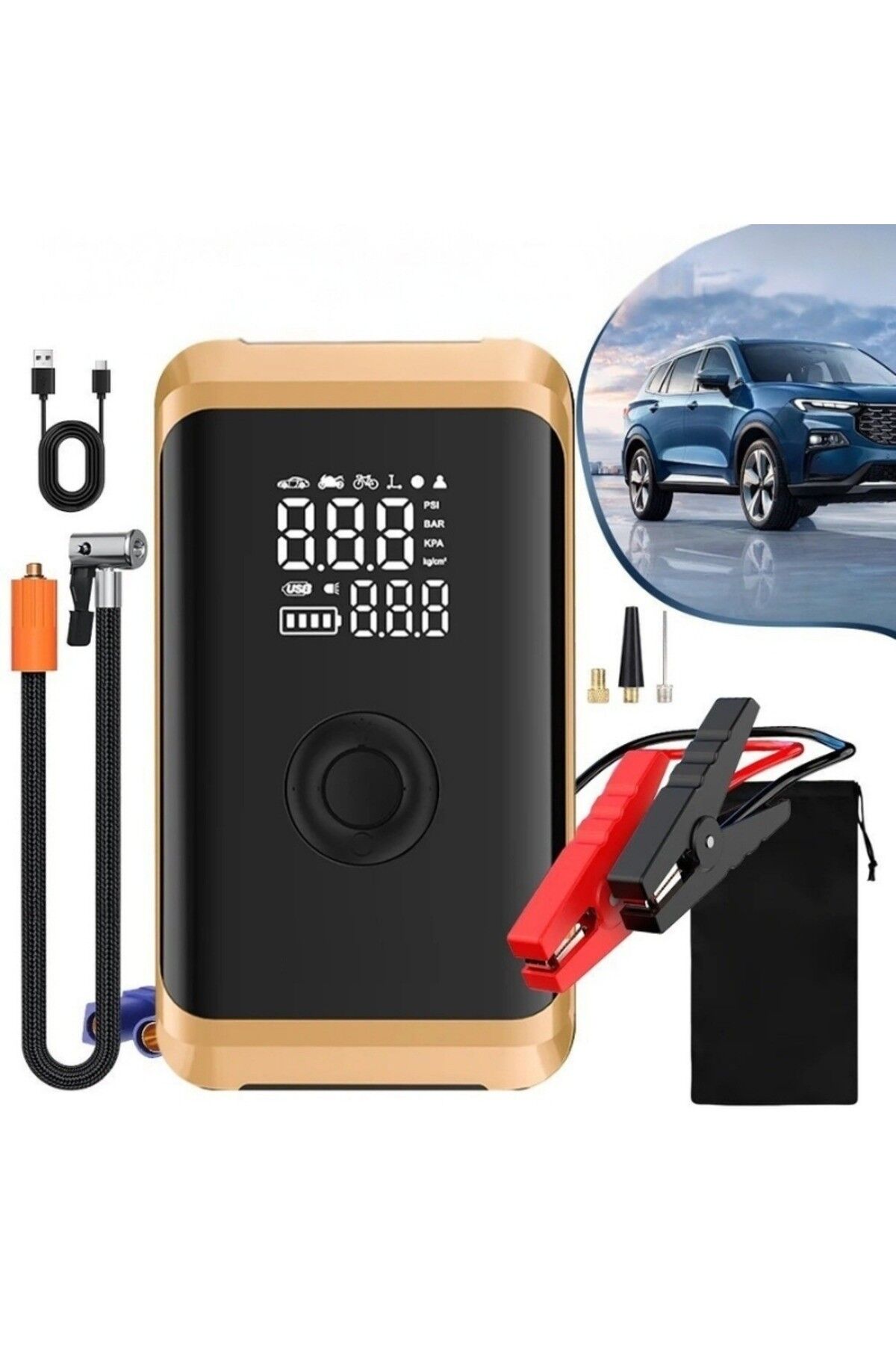 Cs71 Plus Akü Takviye Cihazı | 4'ü 1 Arada Powerbank, Hava Kompresörü, LCD Ekran, 12.000mAh