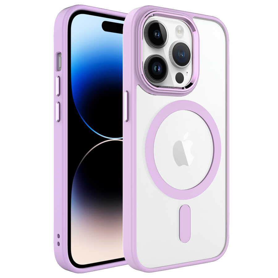 iPhone 14 Pro Max Kılıf Wireless Şarj Özellikli Krom Magsafe Silikon Kapak Pembe Açık