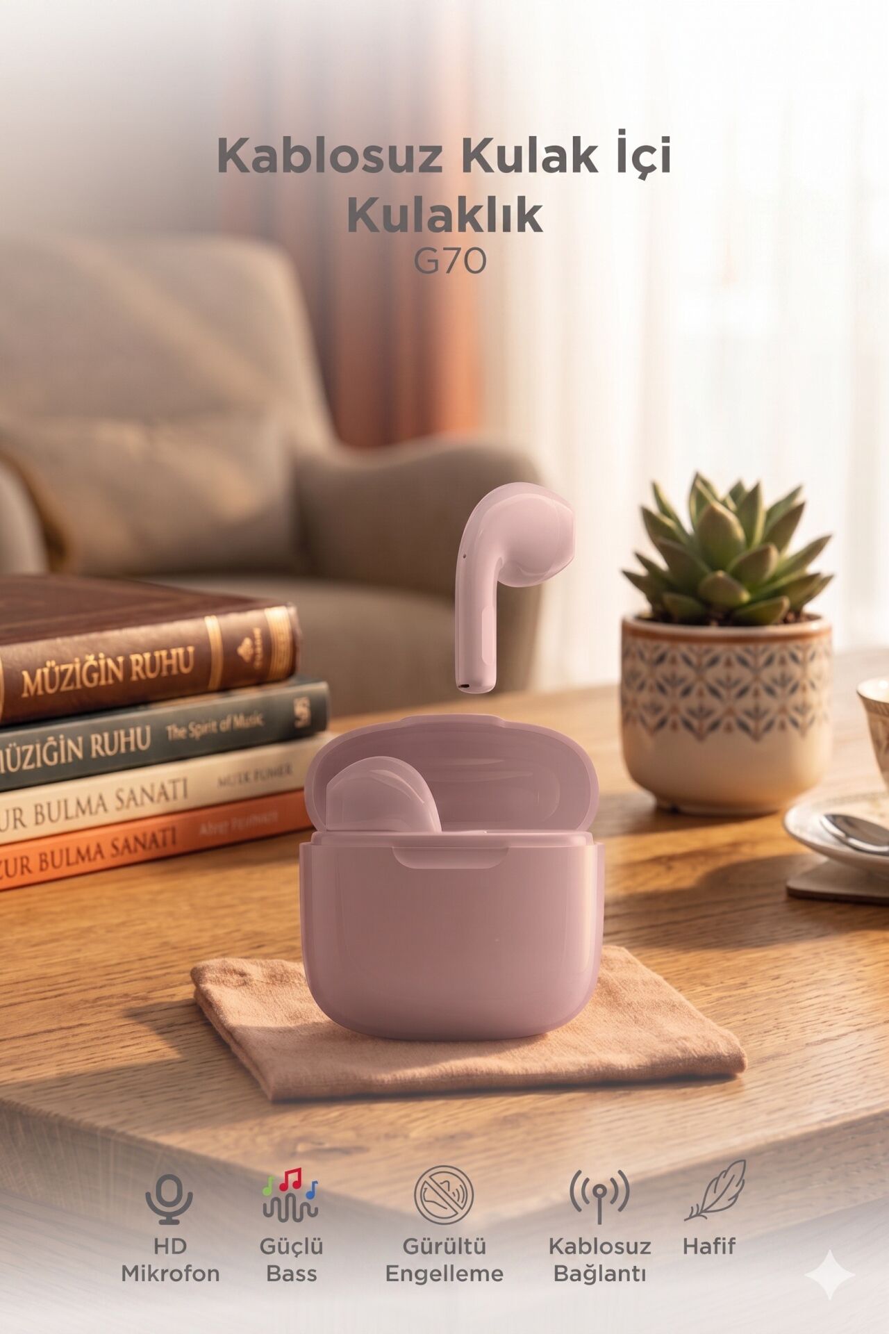 Bluetooth Kulaklık Kulak İçi Tws Kablosuz Kulaklık G70 Pembe