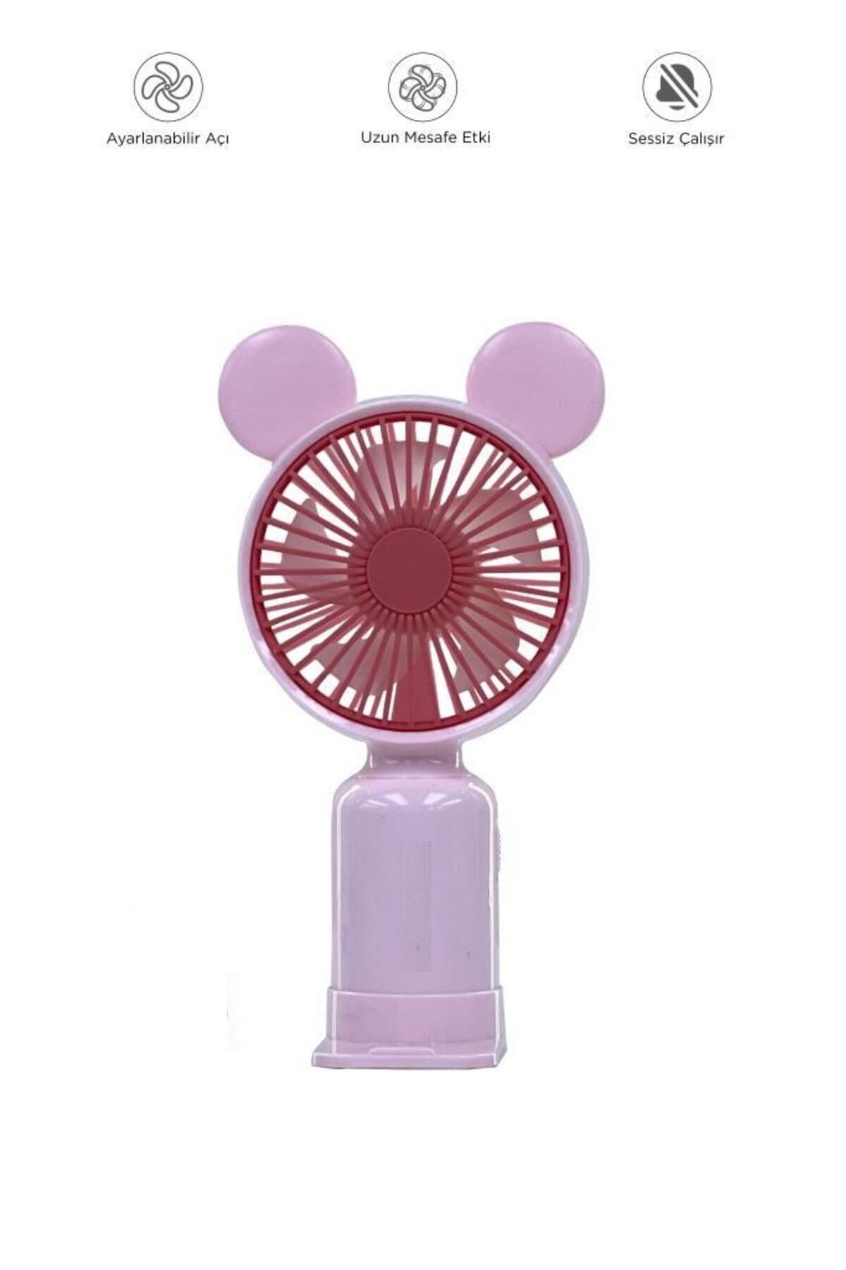 F-12 Mini Taşınabilir Fan Şarjlı 2 Kademeli Ledli Ayıcık Kulak Vantilatör Klima Soğutucu Pembe