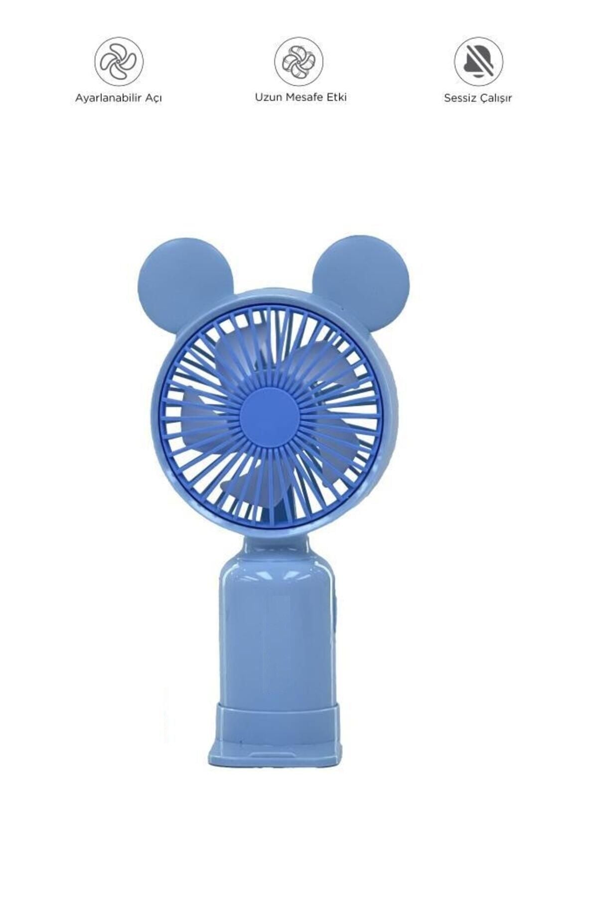 F-12 Mini Taşınabilir Fan Şarjlı 2 Kademeli Ledli Ayıcık Kulak Vantilatör Klima Soğutucu Mavi