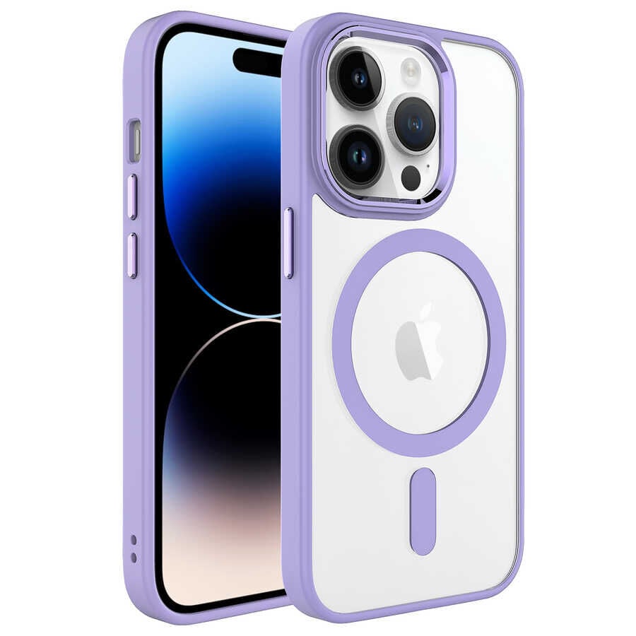 iPhone 14 Pro Max Kılıf Wireless Şarj Özellikli Krom Magsafe Silikon Kapak Lila