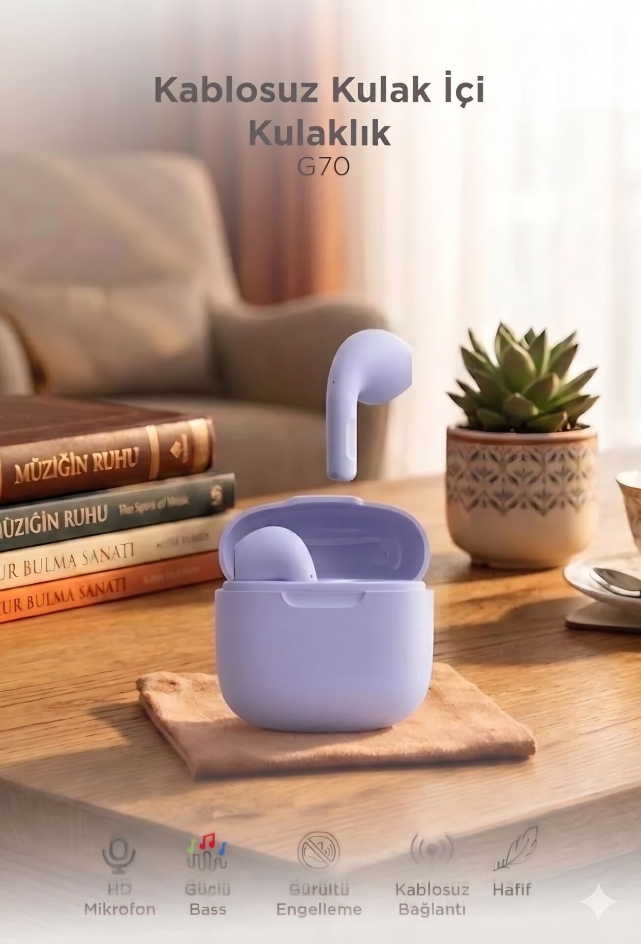 Bluetooth Kulaklık Kulak İçi Tws Kablosuz Kulaklık G70 Mor