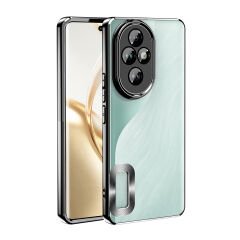Honor 200  Kılıf Logo Gösteren Parlak Kenarlı Kamera Lens Korumalı Şeffaf Omega Silikon Kapak Siyah