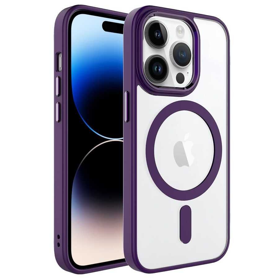 iPhone 14 Pro Max Kılıf Wireless Şarj Özellikli Krom Magsafe Silikon Kapak Derin Mor