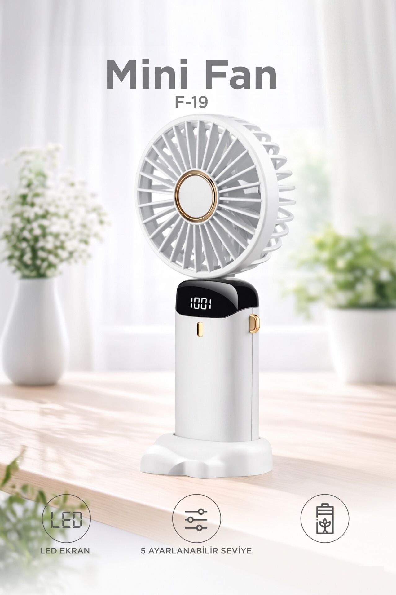 Şarjlı Masaüstü Vantilatör Dijital Göstergeli 90 Derece Katlanabilir Mini Fan F19