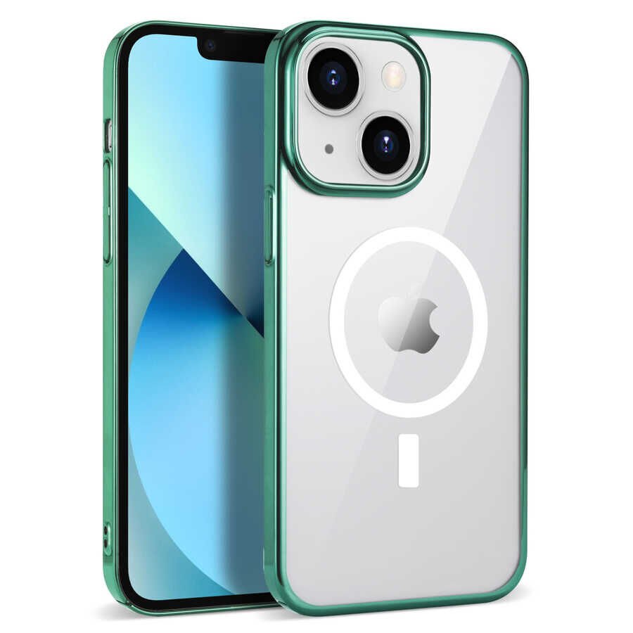 iPhone 14 Kılıf Wireless Şarj Özellikli Pixel Magsafe Kapak Koyu Yeşil