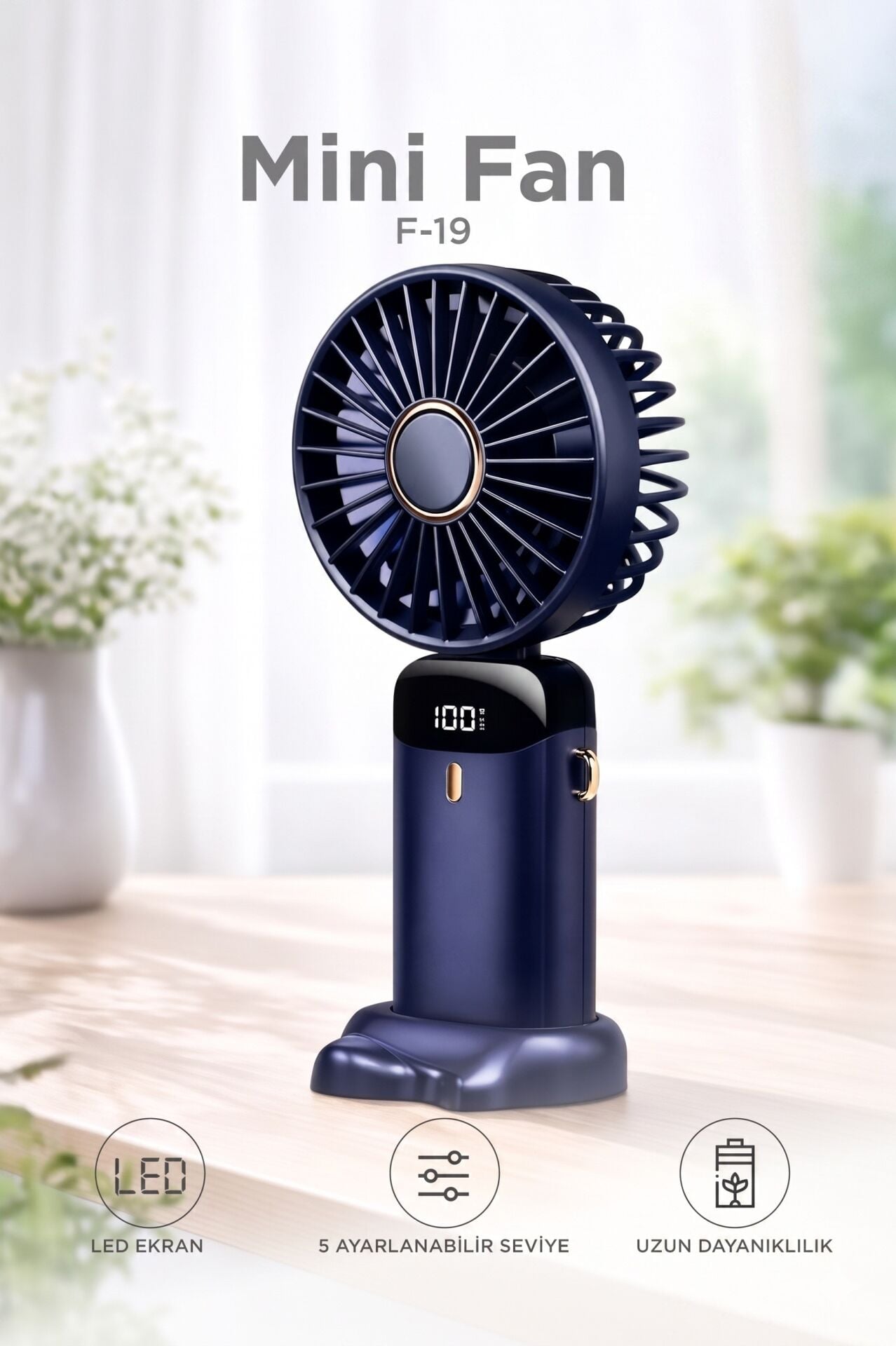 Şarjlı Masaüstü Vantilatör Dijital Göstergeli 90 Derece Katlanabilir Mini Fan F19 Lacivert