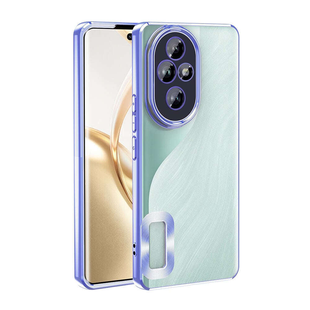 Honor 200 Pro  Kılıf Logo Gösteren Parlak Kenarlı Kamera Lens Korumalı Şeffaf Omega Silikon Kapak Sierra Mavi