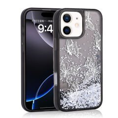 iPhone 11 Kılıf Sıvılı Simli Kelebek Baskılı Şeffaf Arka Yüzey Glis Silikon Kapak