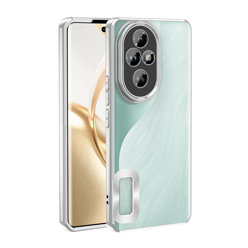 Honor 200 Pro  Kılıf Logo Gösteren Parlak Kenarlı Kamera Lens Korumalı Şeffaf Omega Silikon Kapak Gümüş
