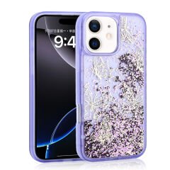 iPhone 12 Kılıf Sıvılı Simli Kelebek Baskılı Şeffaf Arka Yüzey Glis Silikon Kapak