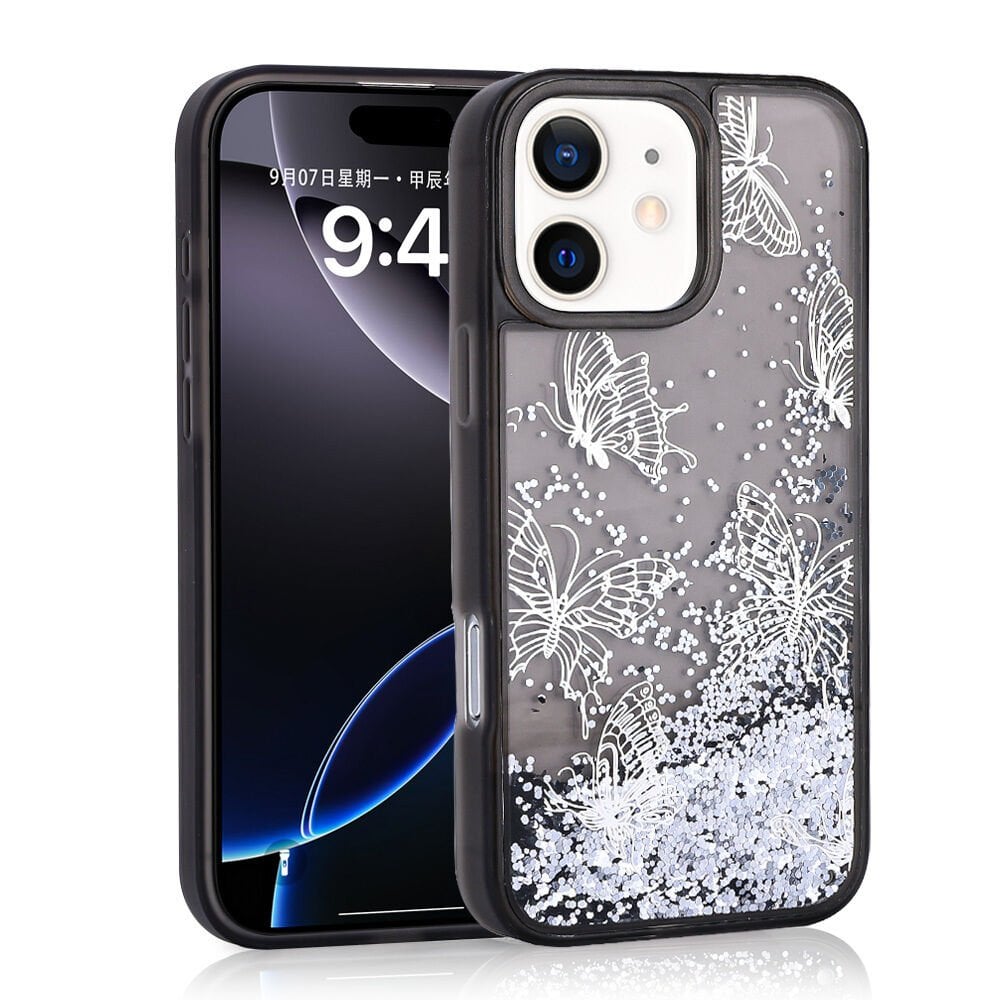 iPhone 12 Kılıf Sıvılı Simli Kelebek Baskılı Şeffaf Arka Yüzey Glis Silikon Kapak Siyah