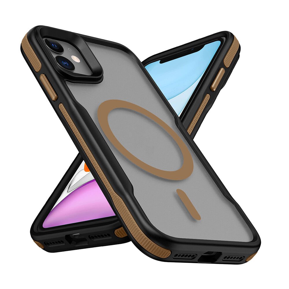 iPhone 11 Kılıf Magsafe Şarj Özellikli Renkli Kenar Airbag Şeritli Lamer Kapak Titanyum-Gold