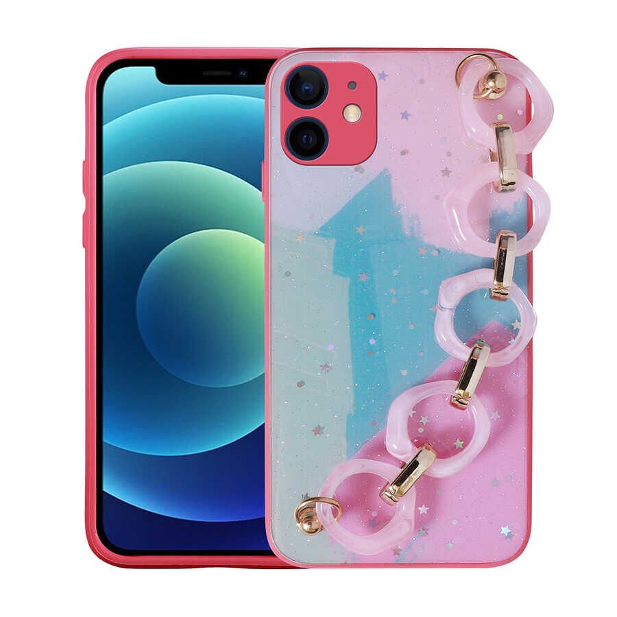 iPhone 11 Kılıf Simli Desenli El Askılı Tutacaklı Elsa Silikon Kapak Pembe Koyu