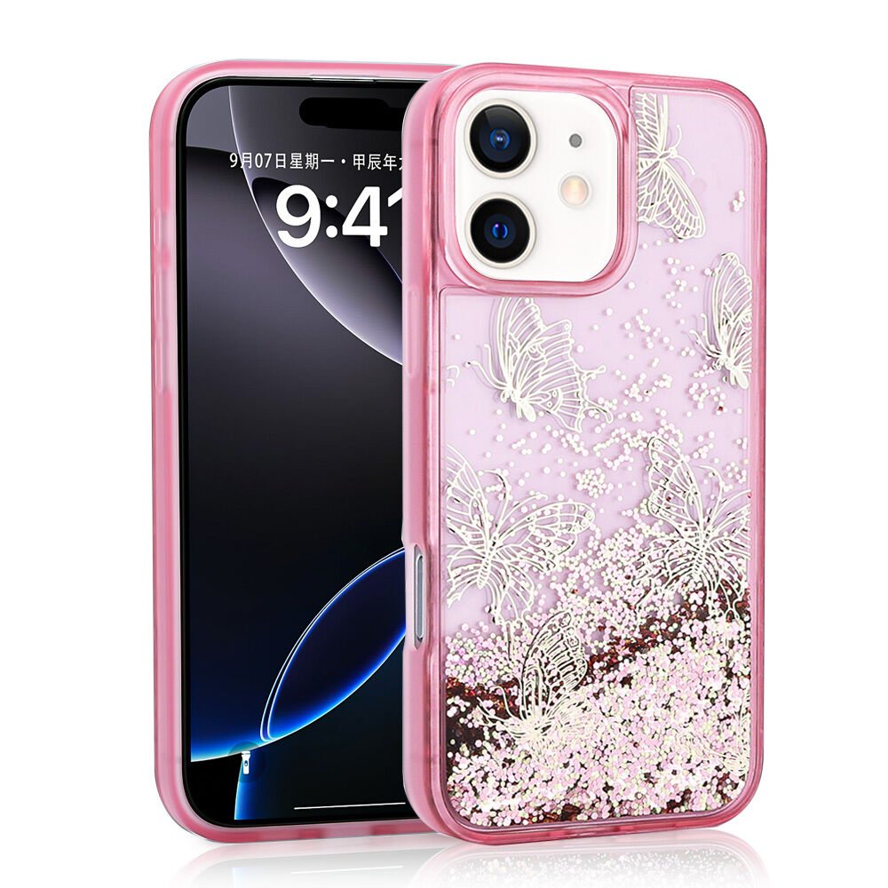 iPhone 12 Kılıf Sıvılı Simli Kelebek Baskılı Şeffaf Arka Yüzey Glis Silikon Kapak Pembe
