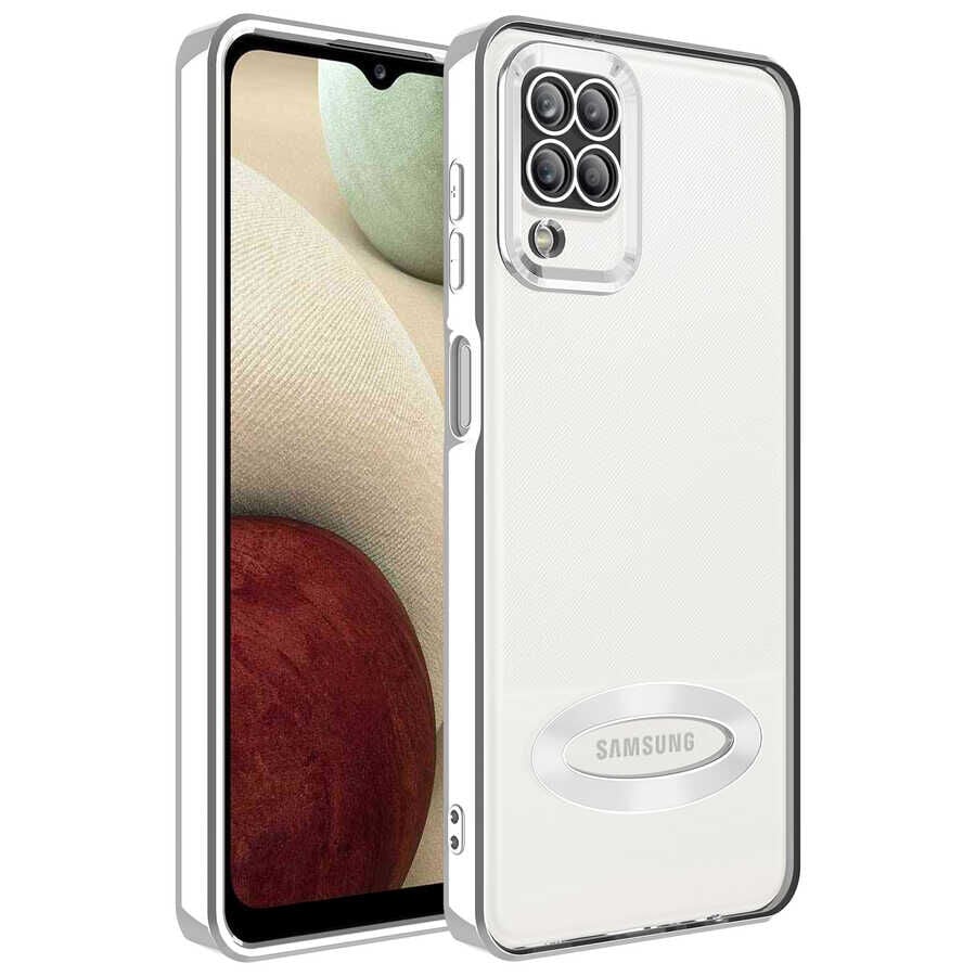 Samsung Galaxy M12 Kılıf Kamera Korumalı Logo Gösteren Omega Kapak Gümüş