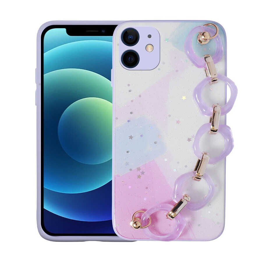 iPhone 11 Kılıf Simli Desenli El Askılı Tutacaklı Elsa Silikon Kapak Lila