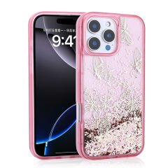 iPhone 12 Pro Kılıf Sıvılı Simli Kelebek Baskılı Şeffaf Arka Yüzey Glis Silikon Kapak