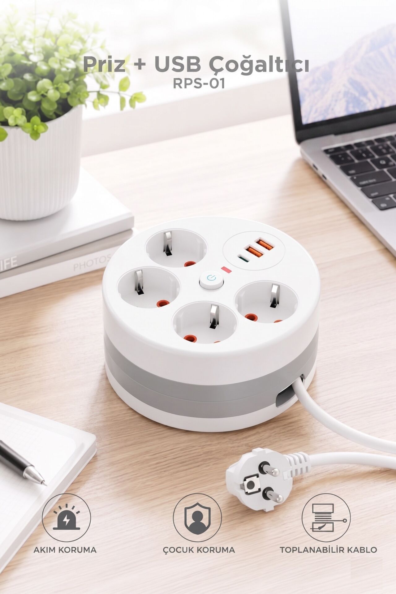 Akım Korumalı Makaralı Priz 3 Port USB Çoğaltıcı Grup Priz 3M RPS01 Beyaz