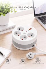 Akım Korumalı Makaralı Priz 3 Port USB Çoğaltıcı Grup Priz 3M RPS01 Beyaz