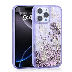 iPhone 14 Pro Max Kılıf Sıvılı Simli Kelebek Baskılı Şeffaf Arka Yüzey Glis Silikon Kapak