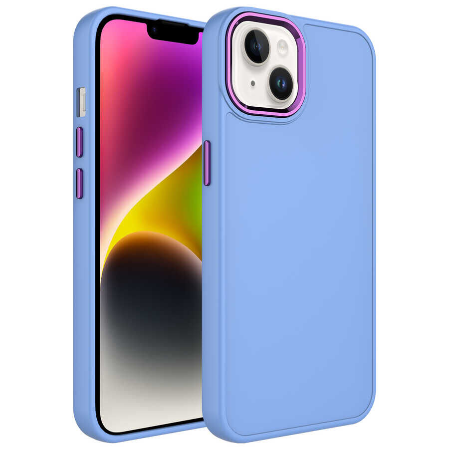 iPhone 14 Kılıf Metal Çerçeve ve Buton Tasarımlı Silikon Luna Kapak Lila