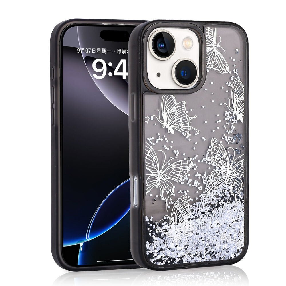 iPhone 15 Kılıf Sıvılı Simli Kelebek Baskılı Şeffaf Arka Yüzey Glis Silikon Kapak Siyah