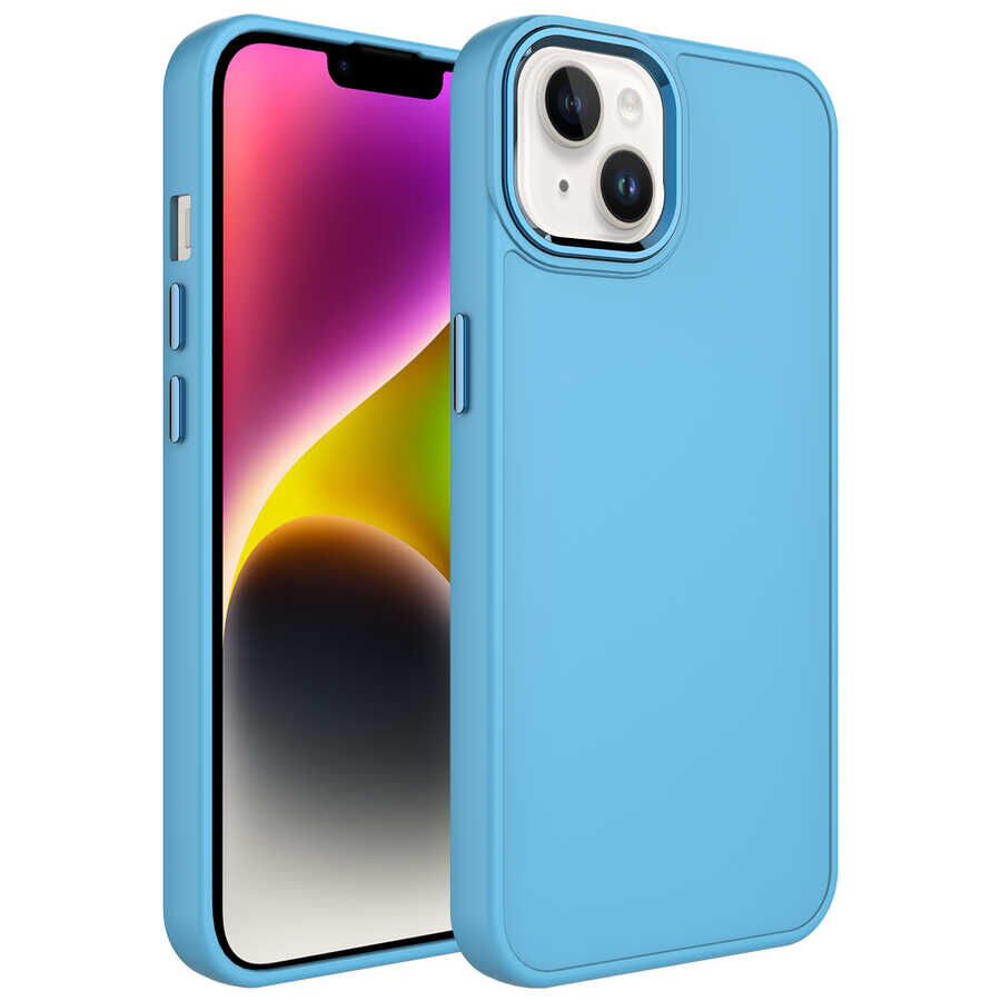 iPhone 14 Kılıf Metal Çerçeve ve Buton Tasarımlı Silikon Luna Kapak Sierra Mavi