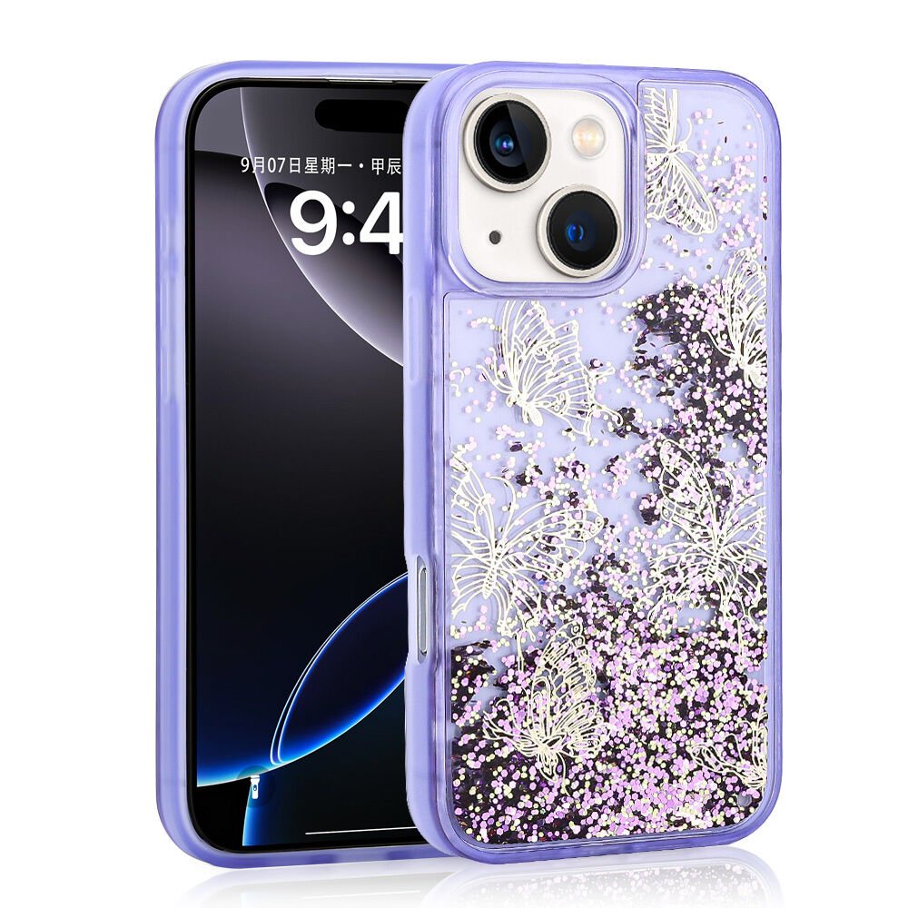 iPhone 15 Kılıf Sıvılı Simli Kelebek Baskılı Şeffaf Arka Yüzey Glis Silikon Kapak Mor